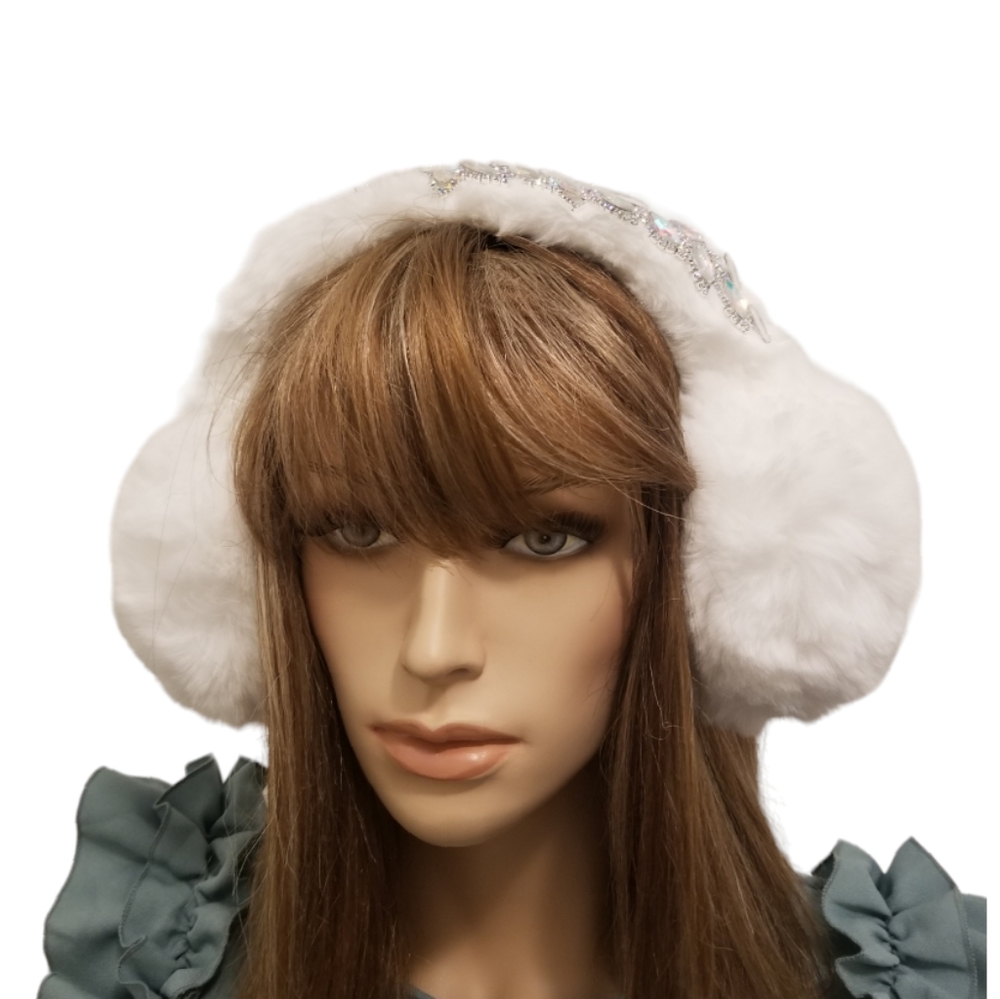 White Faux Fur Crystal Embellished Earmuffs Earwarmers Headband - Picture 4 of 12
